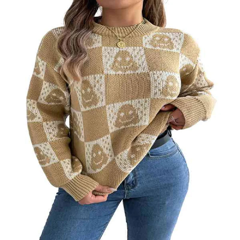 Halloween Ghost Pattern Checkered Round Neck Sweater