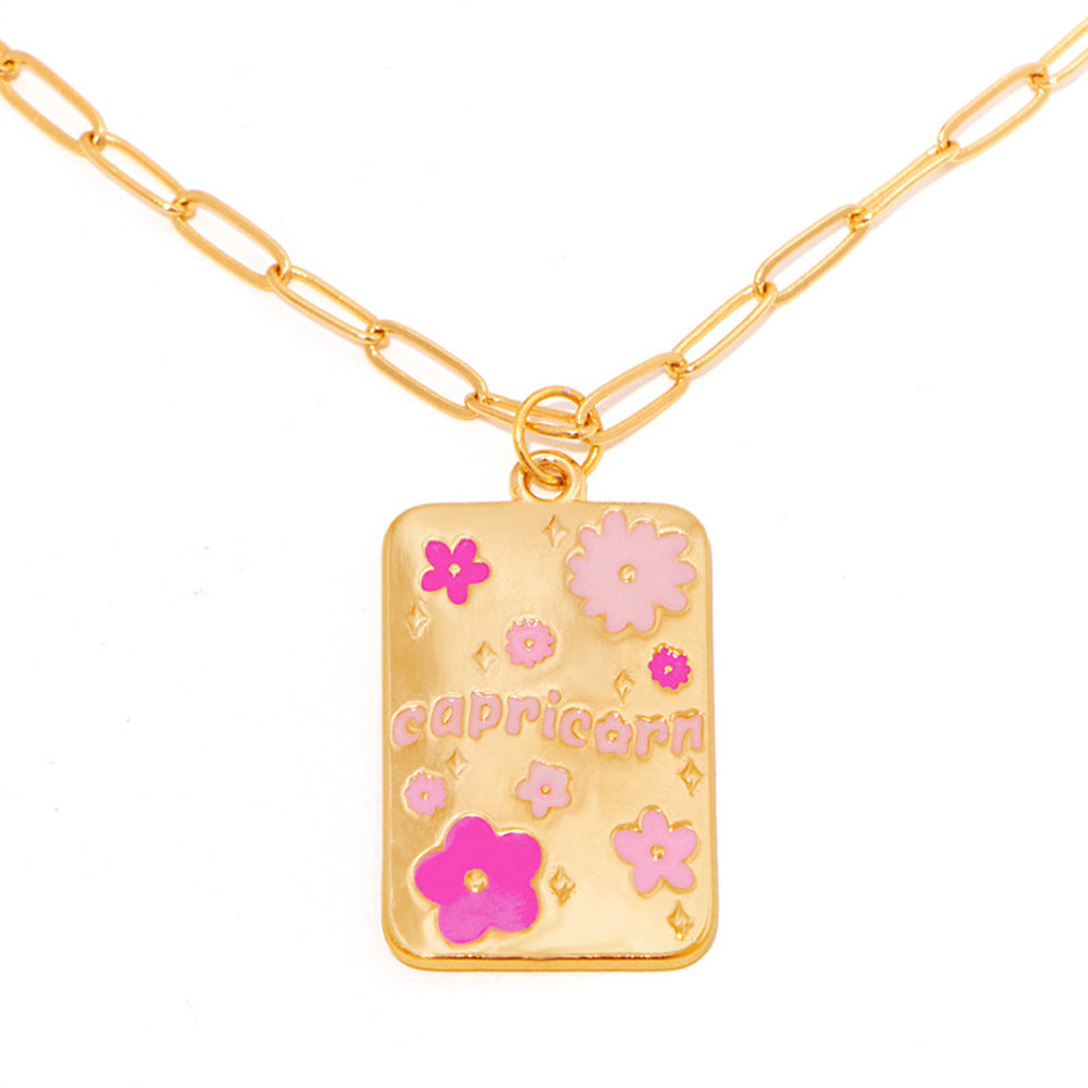 INS Style Oil Dripping 12 Constellation Necklace Copper Plating 18K Real Gold Personalized Clavicle Chain