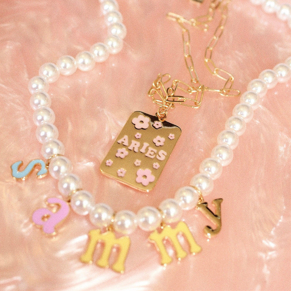 INS Style Oil Dripping 12 Constellation Necklace Copper Plating 18K Real Gold Personalized Clavicle Chain