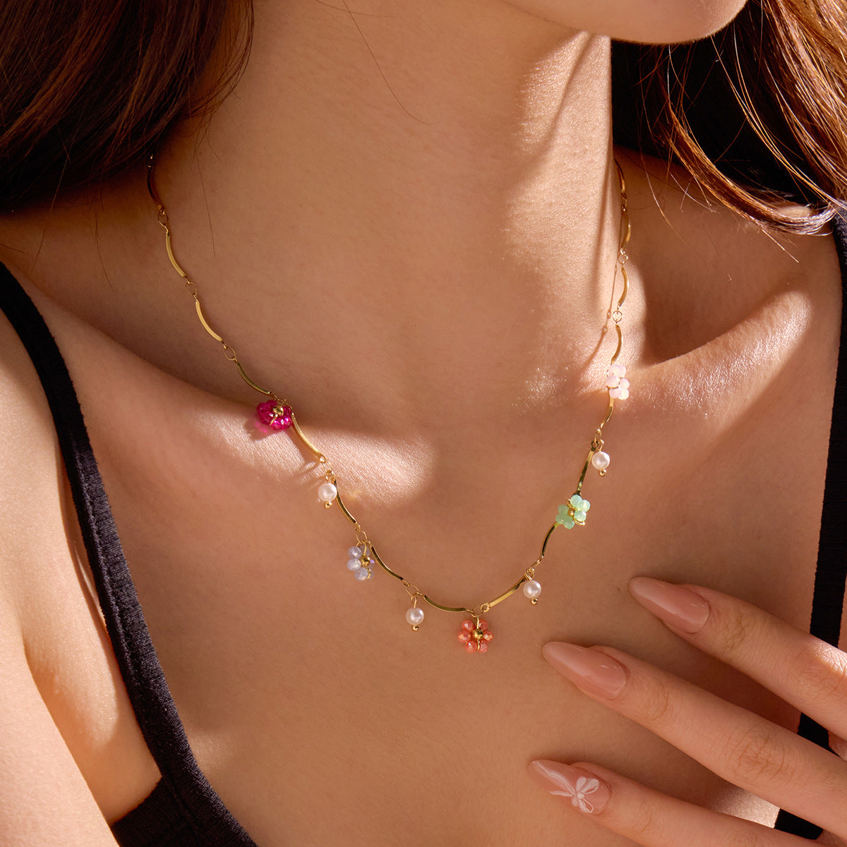 Stainless Steel Color Crystal Zircon Flower Necklace