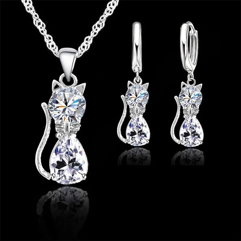 Silver Color Crystal Cute Cat Jewelry Set