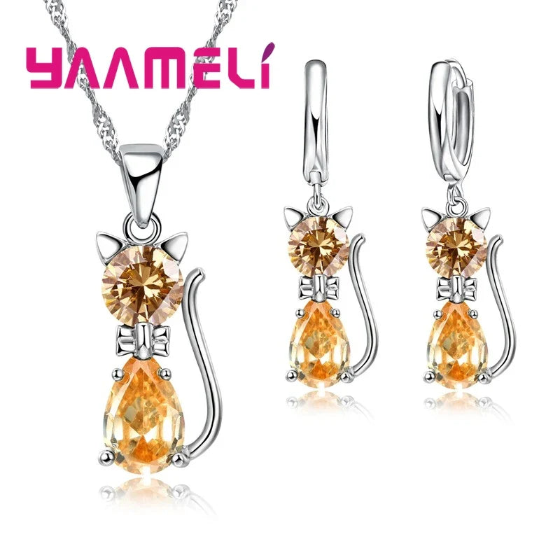 Silver Color Crystal Cute Cat Jewelry Set