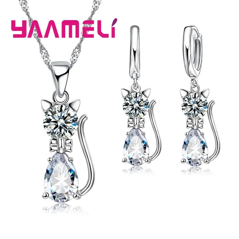 Silver Color Crystal Cute Cat Jewelry Set