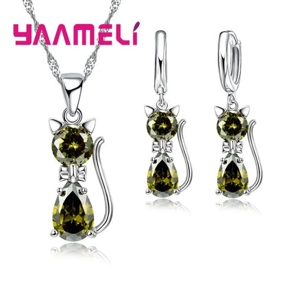 Silver Color Crystal Cute Cat Jewelry Set