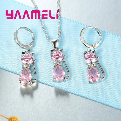Silver Color Crystal Cute Cat Jewelry Set