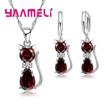 Silver Color Crystal Cute Cat Jewelry Set
