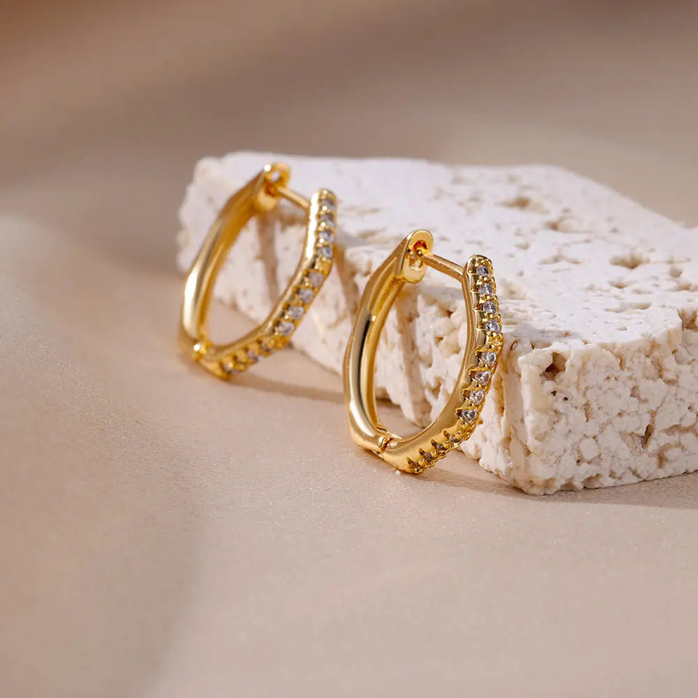 Zircon Heart Hoop Earrings – Gold Stainless Steel, Waterproof