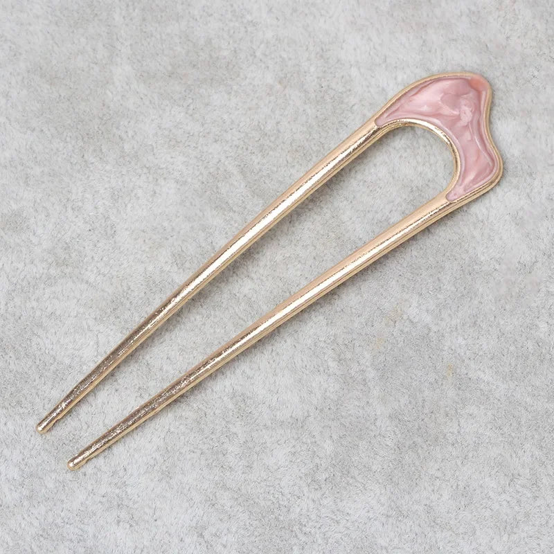 Fashion Luxury Silver Gold Color Elegant Shell Enamel Hairpin for Women Metal U Shape Hair Stick Hairwear Accessories Jewelry