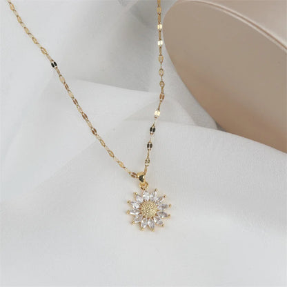 1PCS Gold-color Necklace Flower Pendant Inlaid Zirconia Titanium Steel Chain