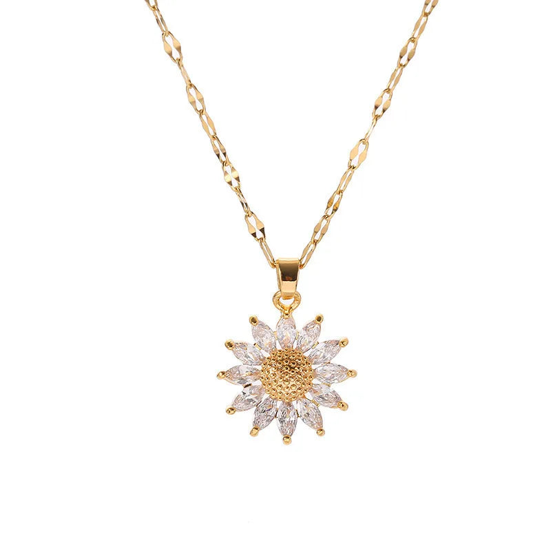 1PCS Gold-color Necklace Flower Pendant Inlaid Zirconia Titanium Steel Chain