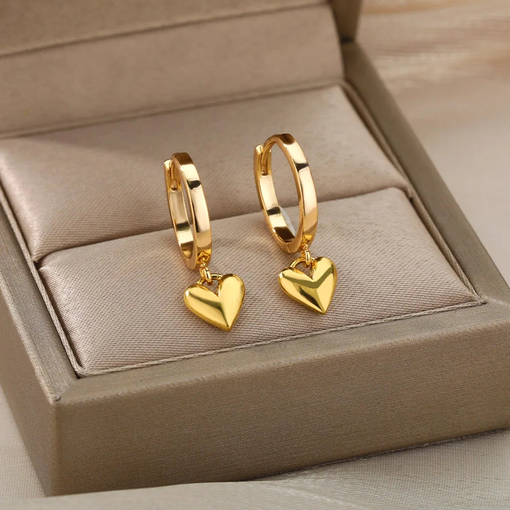 Zircon Heart Hoop Earrings – Gold Stainless Steel, Waterproof