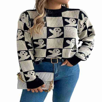 Halloween Ghost Pattern Checkered Round Neck Sweater