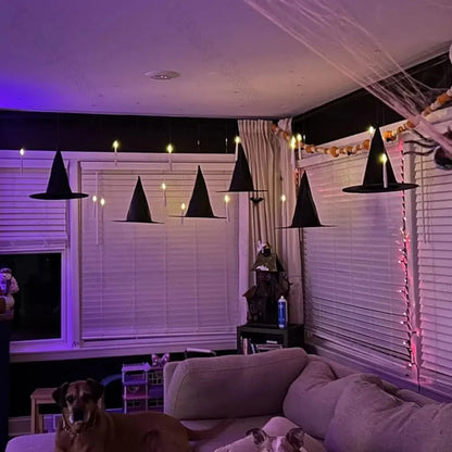 6/12Pcs Halloween Black Witches Hats with Rope Hanging Wizard Hats Bulk for Home Outdoor Porch Halloween Decoration Party Favor