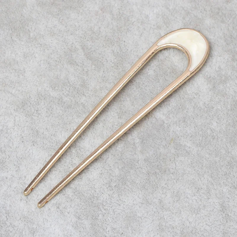 Fashion Luxury Silver Gold Color Elegant Shell Enamel Hairpin for Women Metal U Shape Hair Stick Hairwear Accessories Jewelry