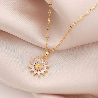 1PCS Gold-color Necklace Flower Pendant Inlaid Zirconia Titanium Steel Chain