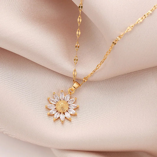 1PCS Gold-color Necklace Flower Pendant Inlaid Zirconia Titanium Steel Chain