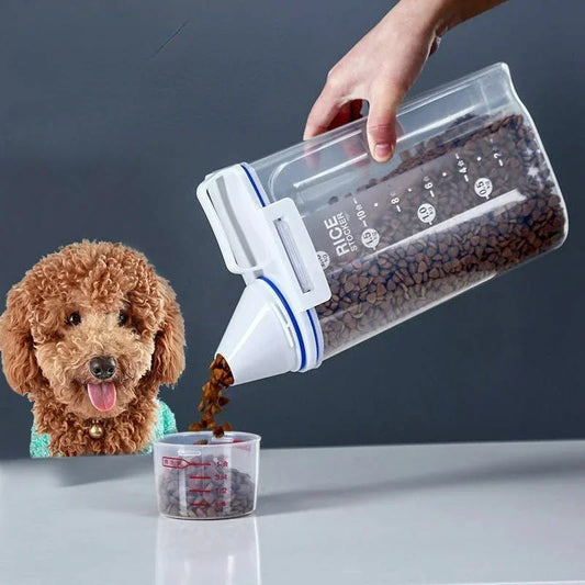 1.5kg/2kg Dog Cat Food Storage Pail with Measuring Cup - Moisture-proof Sealed Plastic Container