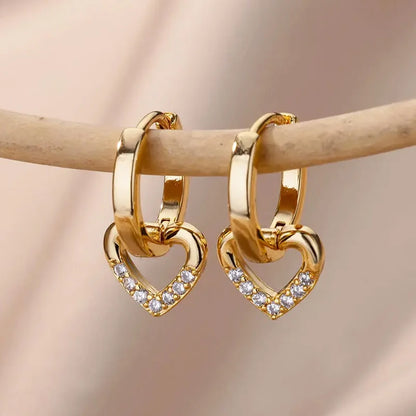 Zircon Heart Hoop Earrings – Gold Stainless Steel, Waterproof