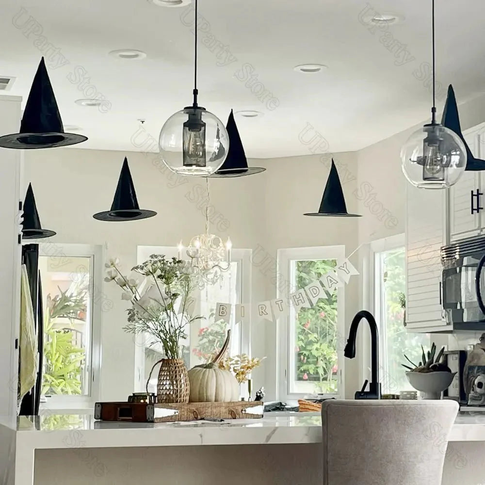 6/12Pcs Halloween Black Witches Hats with Rope Hanging Wizard Hats Bulk for Home Outdoor Porch Halloween Decoration Party Favor