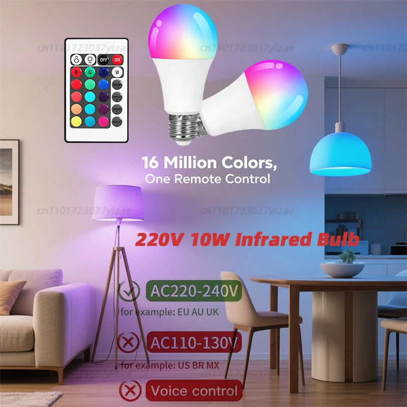 RGBW 4-Color 220V Infrared LED Bulb with Remote Control - RGB + Cool White Lighting, Adjustable Modes, Easy Operation for Home/P