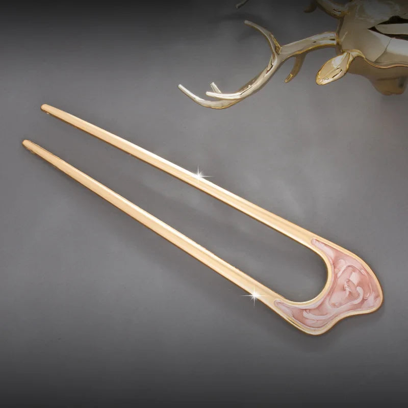 Fashion Luxury Silver Gold Color Elegant Shell Enamel Hairpin for Women Metal U Shape Hair Stick Hairwear Accessories Jewelry