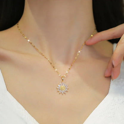 1PCS Gold-color Necklace Flower Pendant Inlaid Zirconia Titanium Steel Chain