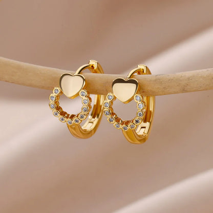 Zircon Heart Hoop Earrings – Gold Stainless Steel, Waterproof