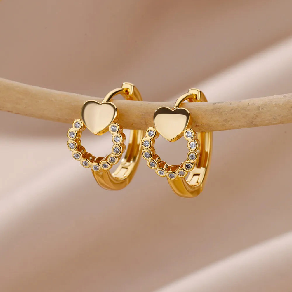 Zircon Heart Hoop Earrings – Gold Stainless Steel, Waterproof