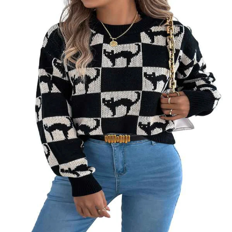 Halloween Ghost Pattern Checkered Round Neck Sweater