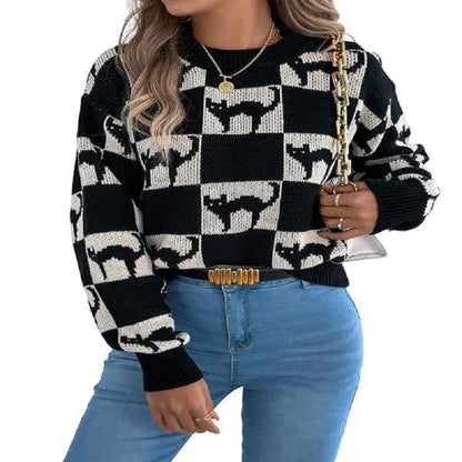 Halloween Ghost Pattern Checkered Round Neck Sweater