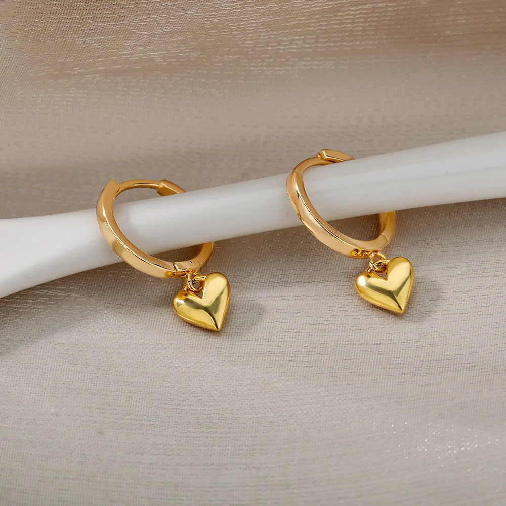 Zircon Heart Hoop Earrings – Gold Stainless Steel, Waterproof
