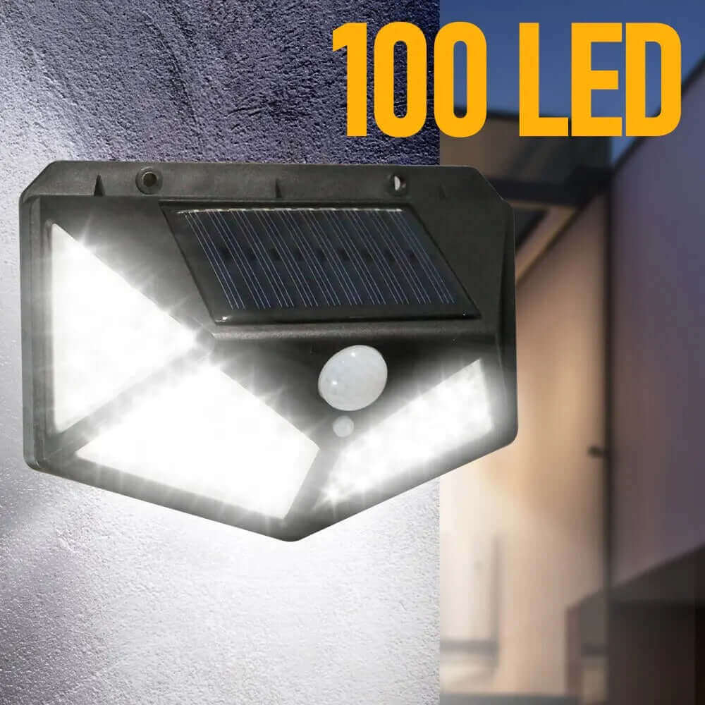 Lampă Solară Perete 100 LED - 1400 Lumeni, Senzor Mișcare, 3 Moduri Iluminat. Aprinde Automat Noaptea, IP65 Rezistentă la Apă. Luminează 8 Ore - Ideală pentru Grindă, Balcon, Curte.