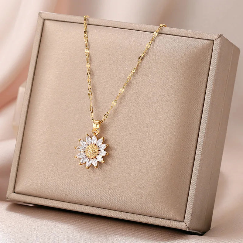 1PCS Gold-color Necklace Flower Pendant Inlaid Zirconia Titanium Steel Chain