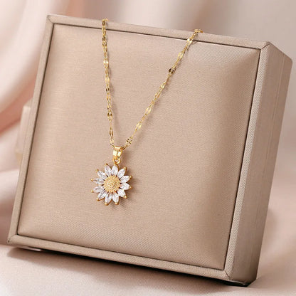 1PCS Gold-color Necklace Flower Pendant Inlaid Zirconia Titanium Steel Chain