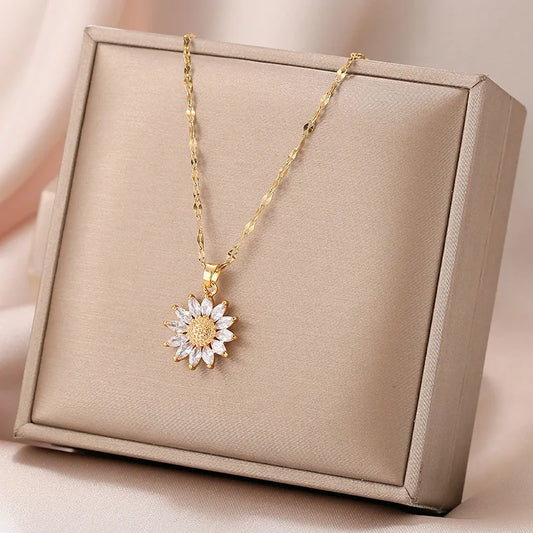 1PCS Gold-color Necklace Flower Pendant Inlaid Zirconia Titanium Steel Chain