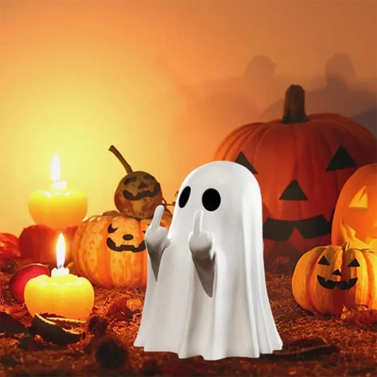 Halloween Ghost Figurine – Funny Resin Statue with Middle Finger, Spooky Cute Ghost Ornament for Home, Table, Fireplace & Porch Halloween Décor
