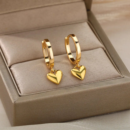Zircon Heart Hoop Earrings – Gold Stainless Steel, Waterproof