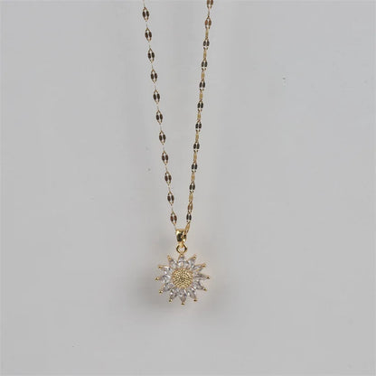 1PCS Gold-color Necklace Flower Pendant Inlaid Zirconia Titanium Steel Chain