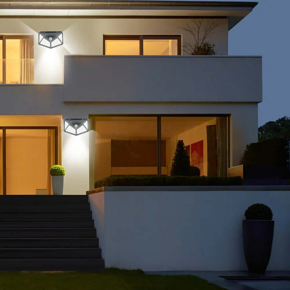 Lampă Solară Perete 100 LED - 1400 Lumeni, Senzor Mișcare, 3 Moduri Iluminat. Aprinde Automat Noaptea, IP65 Rezistentă la Apă. Luminează 8 Ore - Ideală pentru Grindă, Balcon, Curte.