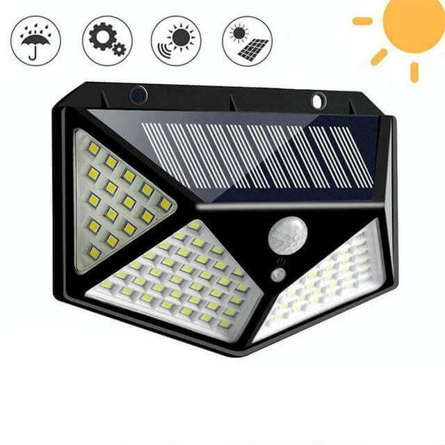 Lampă Solară Perete 100 LED - 1400 Lumeni, Senzor Mișcare, 3 Moduri Iluminat. Aprinde Automat Noaptea, IP65 Rezistentă la Apă. Luminează 8 Ore - Ideală pentru Grindă, Balcon, Curte.