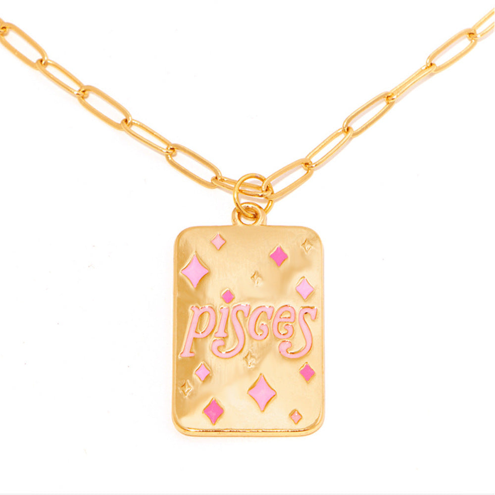 INS Style Oil Dripping 12 Constellation Necklace Copper Plating 18K Real Gold Personalized Clavicle Chain