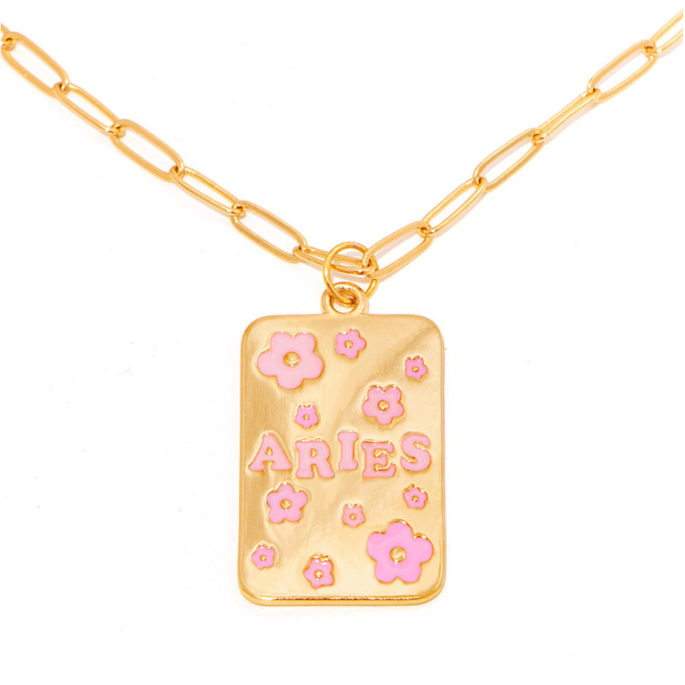 INS Style Oil Dripping 12 Constellation Necklace Copper Plating 18K Real Gold Personalized Clavicle Chain