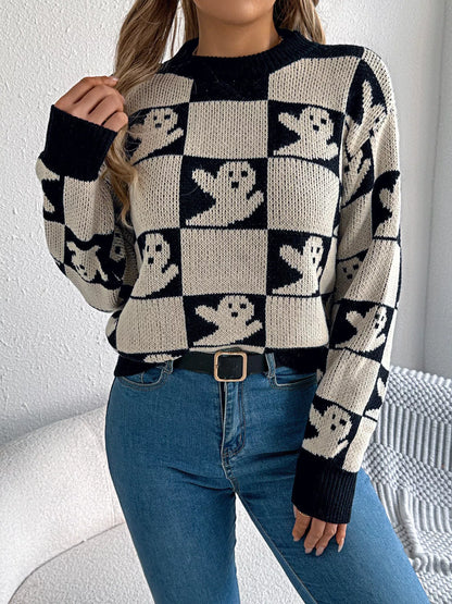 Halloween Ghost Pattern Checkered Round Neck Sweater