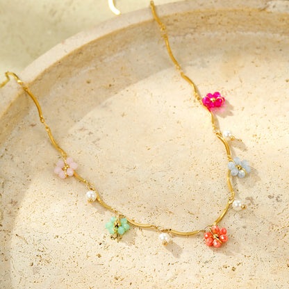 Stainless Steel Color Crystal Zircon Flower Necklace